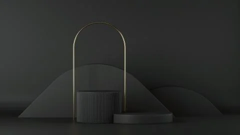 3d render, minimalist black background. Abstract elements. Empty cylinder podium Stock Illustration