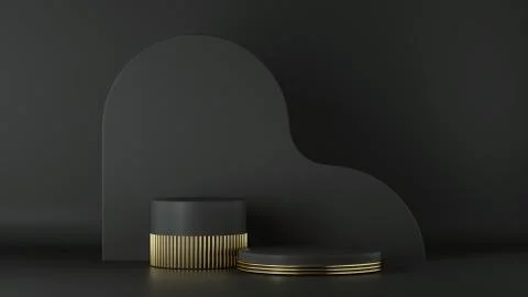 3d render, minimalist black gold background. Empty cylinder podium, Illustrazione stock