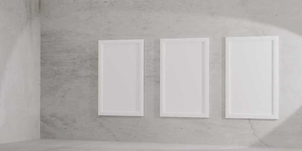 3D render of minimalist interior with three vertical white poster frames on.. Stock-Fotos