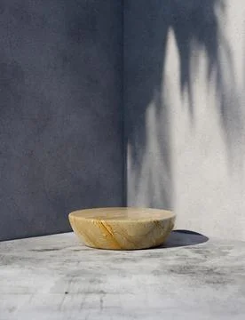 3D render of a minimalistic marble podium in a gray concrete corner with a tree Stock Illustration