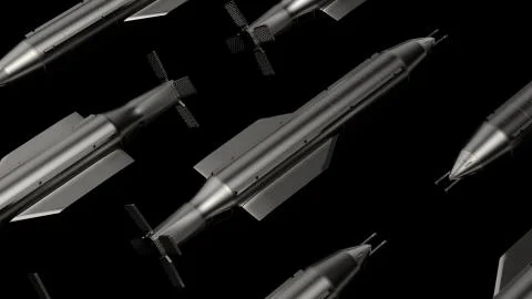 3d render of missile. Pattern made of repetitive metal missiles or bomb shape Stock Illustration