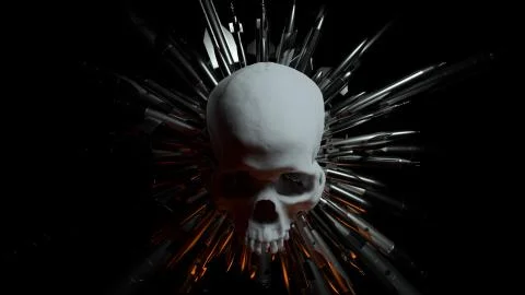3d render of missiles cloned in round form around detailed skull. Dark theme. Stock Illustration