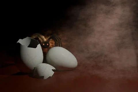 3d render of mist and spider like creature with broken eggshell Stock Illustration