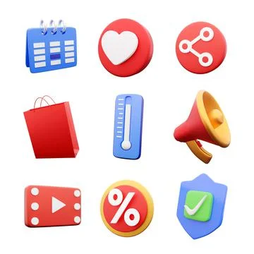 3d render mix icon set on white background. Multicolor 3d render icons set Illustrazione stock