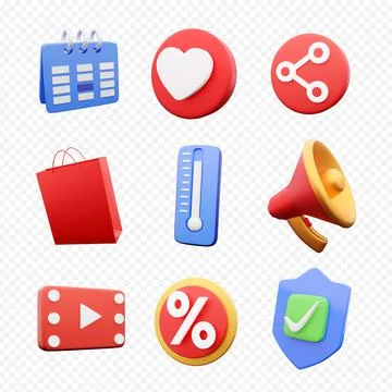 3d render mix icon set on white background. Multicolor 3d render icons set 스톡 일러스트