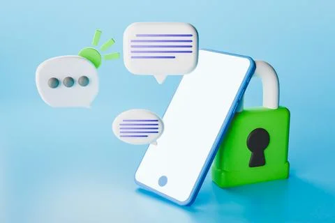 3D render of mobile phone and lock with speech bubbles Stock Illustration