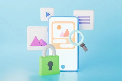 3D render of mobile phone and padlock with search icon 스톡 일러스트