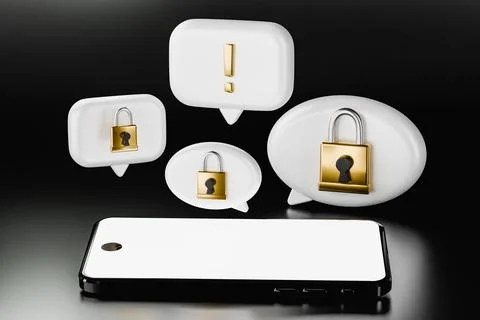 3D render of mobile phone and chats with padlocks Illustrazione stock