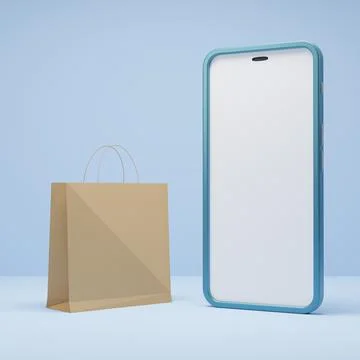 3d render of mobile phone with shopping bag in blue background, online shoppi Stock Illustration