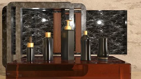 3D Render Mock Up black cosmetic products with gold caps, marble background Illustrazione stock