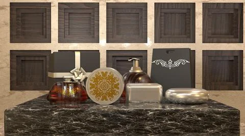 3D Render Mock Up glass bottles, perfume and cosmetic, marble background  Stock Illustration