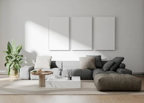 3d render of mock interior with sofa and blanck canvas Stock Illustration