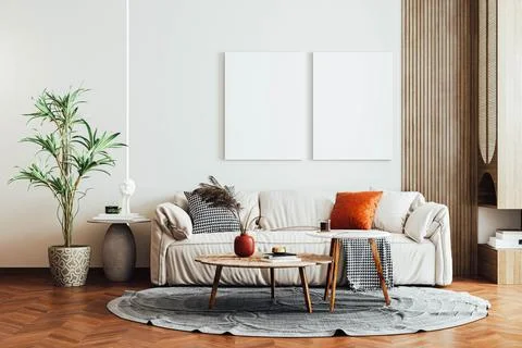 3d render of mock interior with sofa and blanck canvas 库存插图