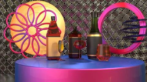 3D Render Mock Up liquor bottles, metallic swirl metallic background Illustrazione stock