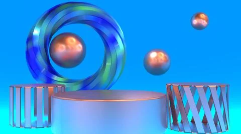 3D Render Mock Up metallic pink Product Stands, glowing blue background Stock Illustration