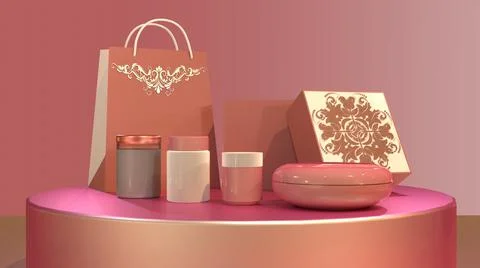 3D Render Mock Up Pink Cosmetics, pink shopping bag,gradient pink background Illustrazione stock