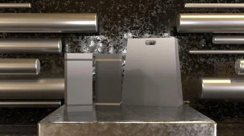 3D Render Mock Up product box, with shopping bag, black metallic background Stock Illustration