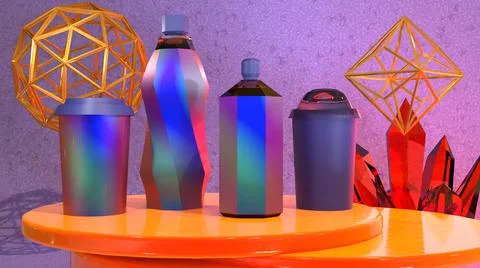 3D Render Mock Up purple drink bottles, glass cap, purple background Stock Illustration