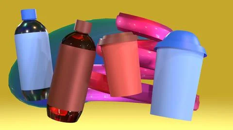 3D Render Mock Up red and blue bottles drink,yellow background Illustrazione stock
