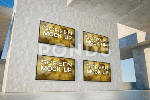 3d render. Mockup of a set of four blank advertising posters or screens PSD 模板