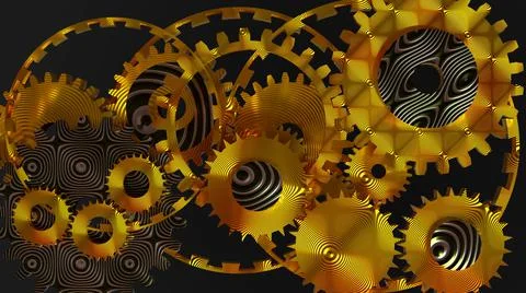 3D Render, modern abstract background, metallic golden and black pattern gears Stock Illustration