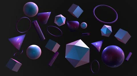 3D Render, modern abstract background, purple metallic geometrics shapes Stock Illustration