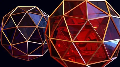 3D Render, modern abstract background, red and blue glass sphere with gold frame Stock Illustration