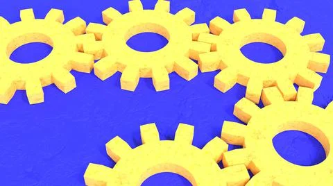 3D Render, Modern Abstract Background, yellow gears and blue plane textured Stock Illustration