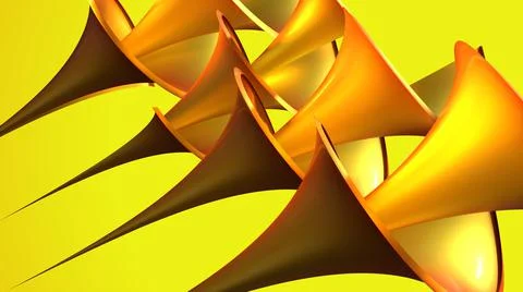3D Render, Modern Abstract Background, yellow metallic trumpets shape objects Stock Illustration