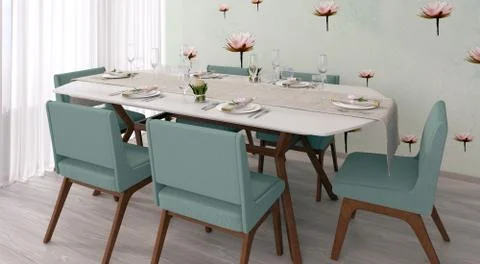3d render of a modern and sophisticated dining room with unique lilies wallpaper Stock Illustration