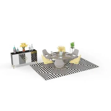 3D render of a modern and stylish living space with a contemporary dining table Foto stock