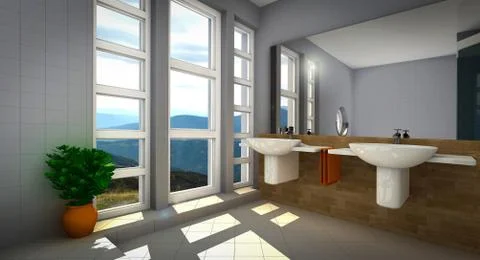 3D render of a modern bathroom with a big mirror and windows with a view Stock Illustration