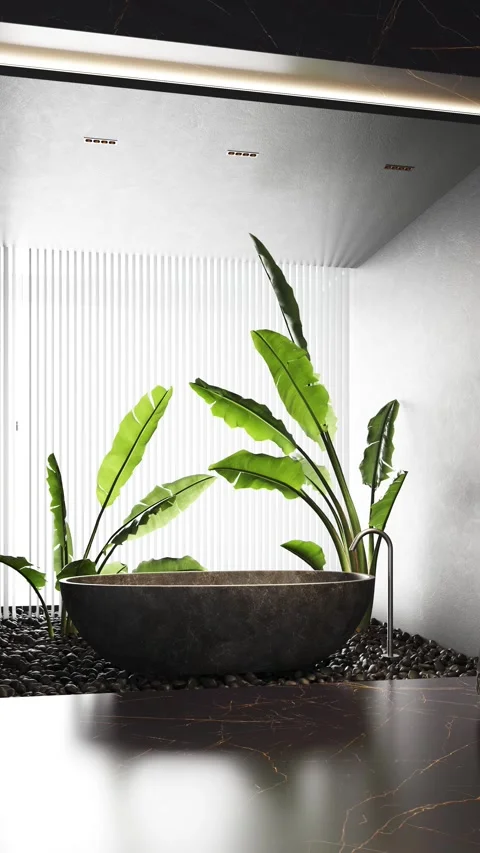 3d Render of modern bathroom with black marble and plaster walls Stock Footage 292982223