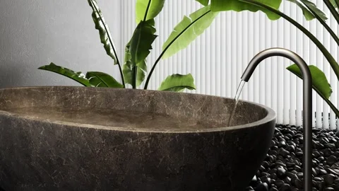 3d Render of modern bathroom with black marble and plaster walls Stock Footage 293004665