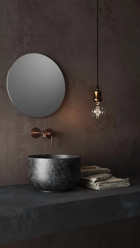 3d Render of modern bathroom with black marble and plaster walls Stock Footage 293004682