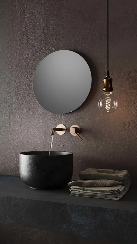 3d Render of modern bathroom with black marble and plaster walls Video stock 293004685