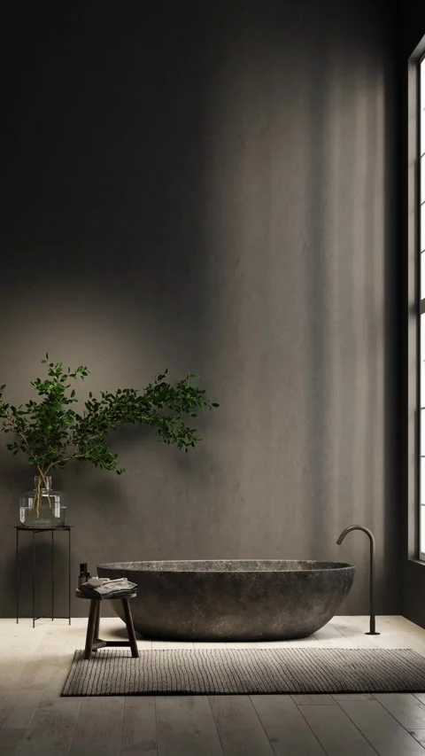 3d Render of modern bathroom with black plaster wall Stock Footage 294189894