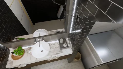 3D render of modern bathroom with black brick tiles Stock Footage 317696030