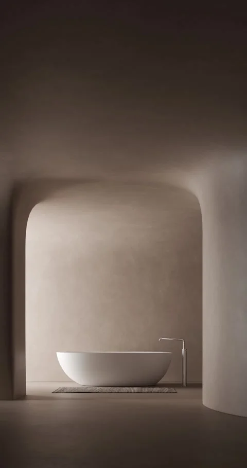 3d Render of modern bathroom with curved plaster walls and white bathtub Stock Footage 293004569