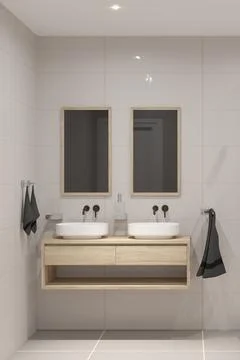3D render of modern bathroom design with two sinks and white tiles. 스톡 일러스트