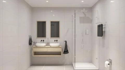 3D render of modern bathroom design with two sinks and white tiles. Stock Photos
