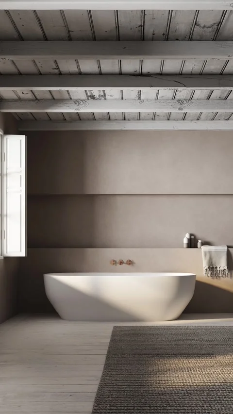 3d Render of modern bathroom with plaster wall and white bathtub. Stock Footage 293004637