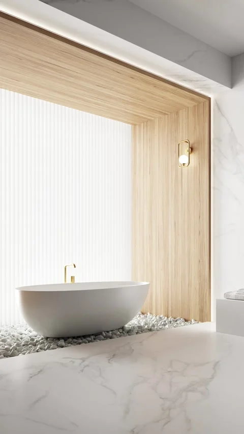 3d Render of modern bathroom with white marble and wood walls Video stock 292978525