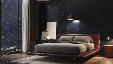 3d Render of modern bedroom with black marble walls Stock Footage 292983763