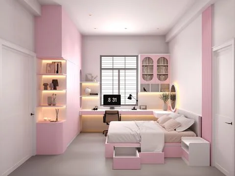 3d Render of Modern Bedroom Pink Color Design Stock Illustration