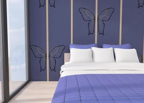 3d render of a Modern bedroom with unique butterflies wallpaper Illustrazione stock