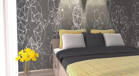 3d render of a Modern bedroom with unique shapes wallpaper Illustrazione stock