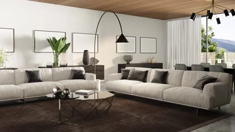3d Render of modern big livingroom with wood ceiling Stock Footage 293127580