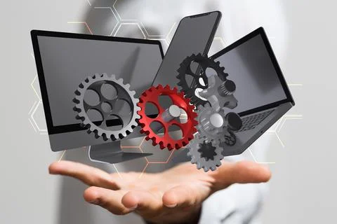 3D render of modern computers machine structure above a male's hand Stock Photos
