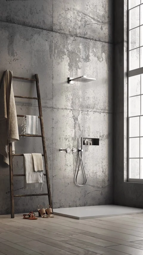 3d Render of modern Concrete wall bathroom with shower Video stock 292978440